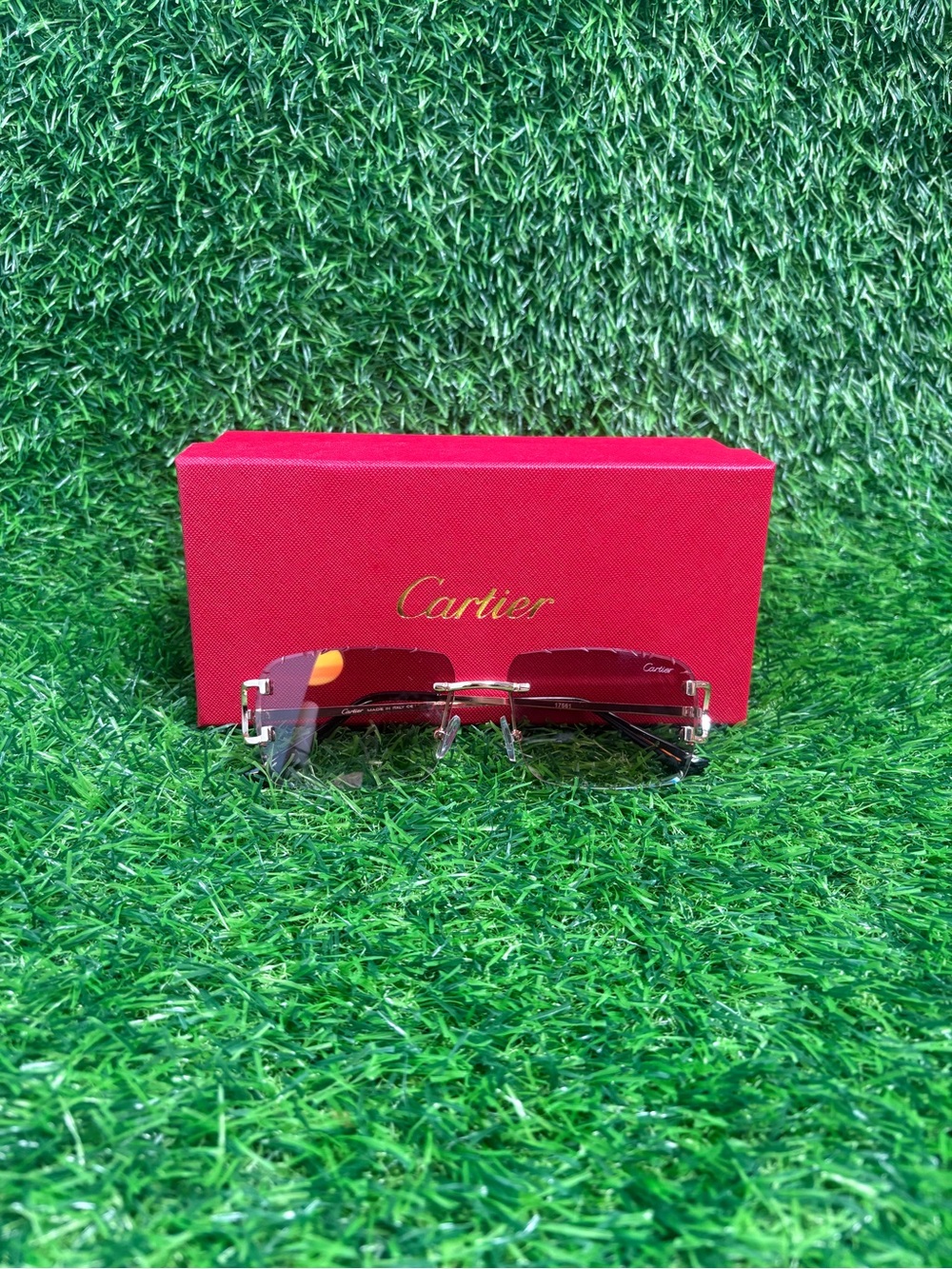 Cartier Mens Rimless Brown AndGold Gradient Rectangle Sunglasses Diamond Cut